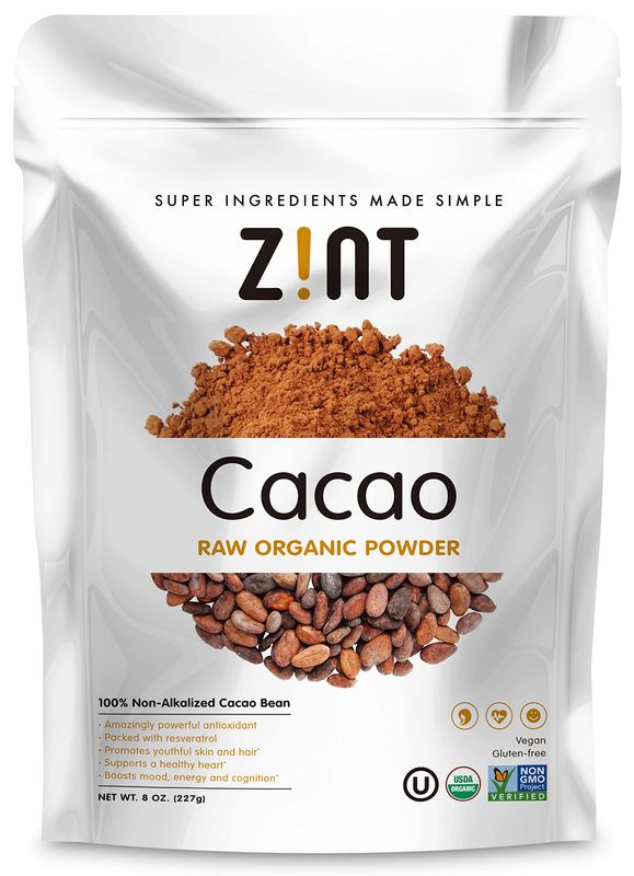 Zint Organic Cacao Powder (8 oz): Paleo-Certified, Organic, Non GMO, Anti Aging Antioxidant Superfood, Gluten Free Cocoa Cacao Beans, Pure Delicious Chocolate Essence