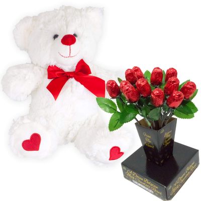 Valentines Day Gift Basket | Teddy Bear Plush 12 Inches (Color may Vary) &amp; A dozen Belgian Milk Chocolate Rose Bouquet | For Her Wife Girlfriend Mother Daughter