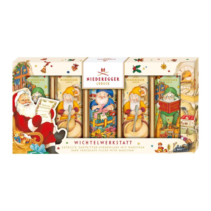 Niederegger Classic Marzipan Mini Loaves Elves&#39; Workshop | Covered with Crisp &amp; Dark Chocolate | 5 flat loaves per box | Nostalgic packaging | Ideal for Gifting | 175g (6.1 oz)