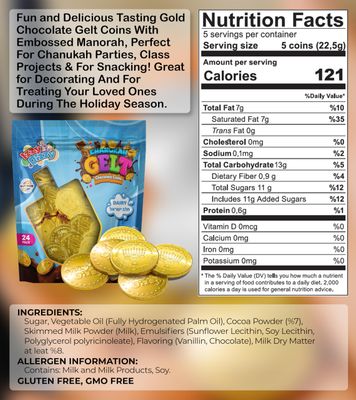 Hanukkah Gelt Chocolate Coins - Kosher Milk Chocolate Coins Nut Free (Dairy) - 25 Pack Menorah Embossed Hanukkah Chocolate Gelt