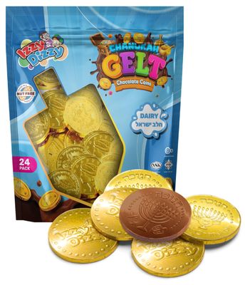 Hanukkah Gelt Chocolate Coins - Kosher Milk Chocolate Coins Nut Free (Dairy) - 25 Pack Menorah Embossed Hanukkah Chocolate Gelt