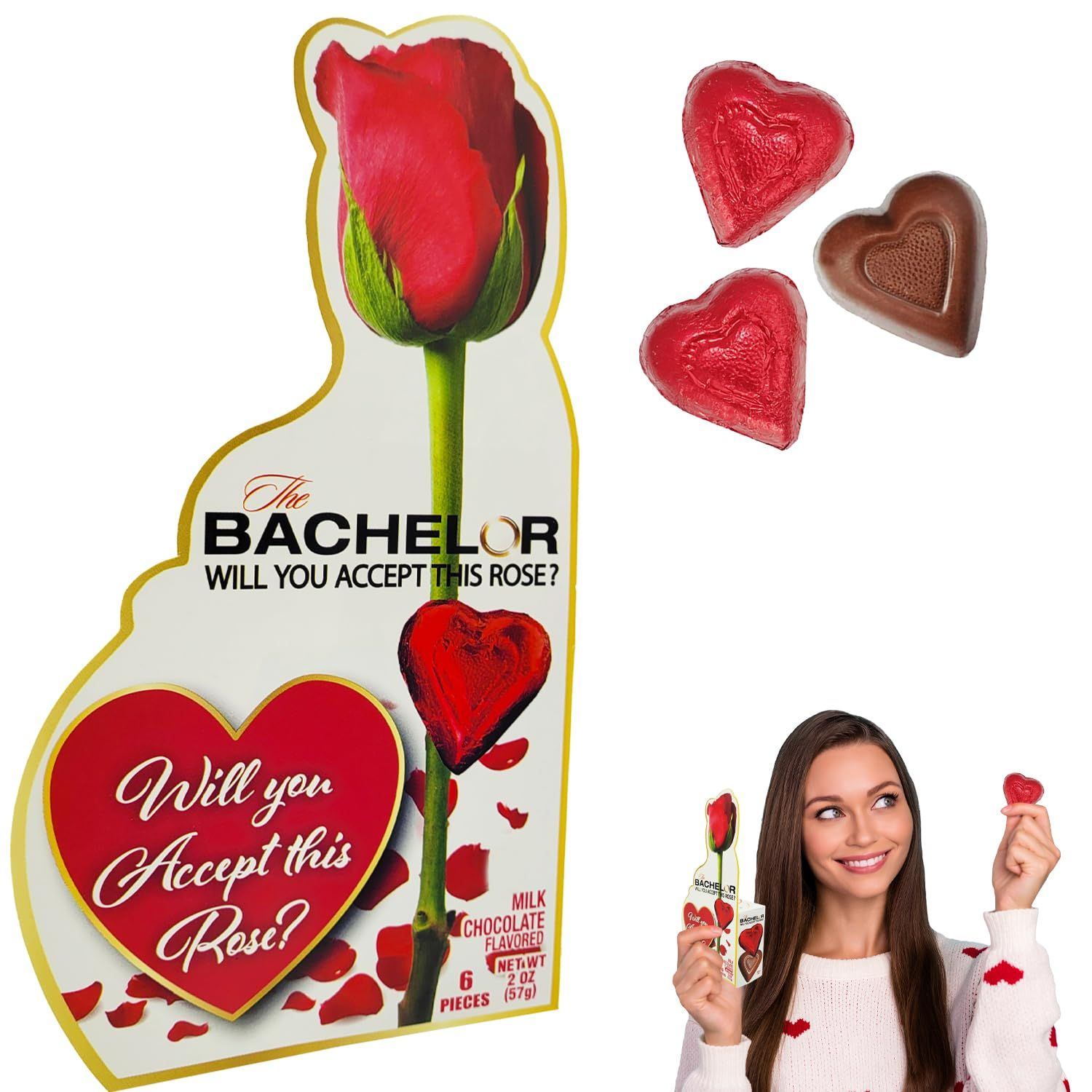 Fruidles Valentine&#39;s Day Bachelor 6 Heart-Shaped Chocolate with Rose Designed Box, Will You Accept This Rose (Single)