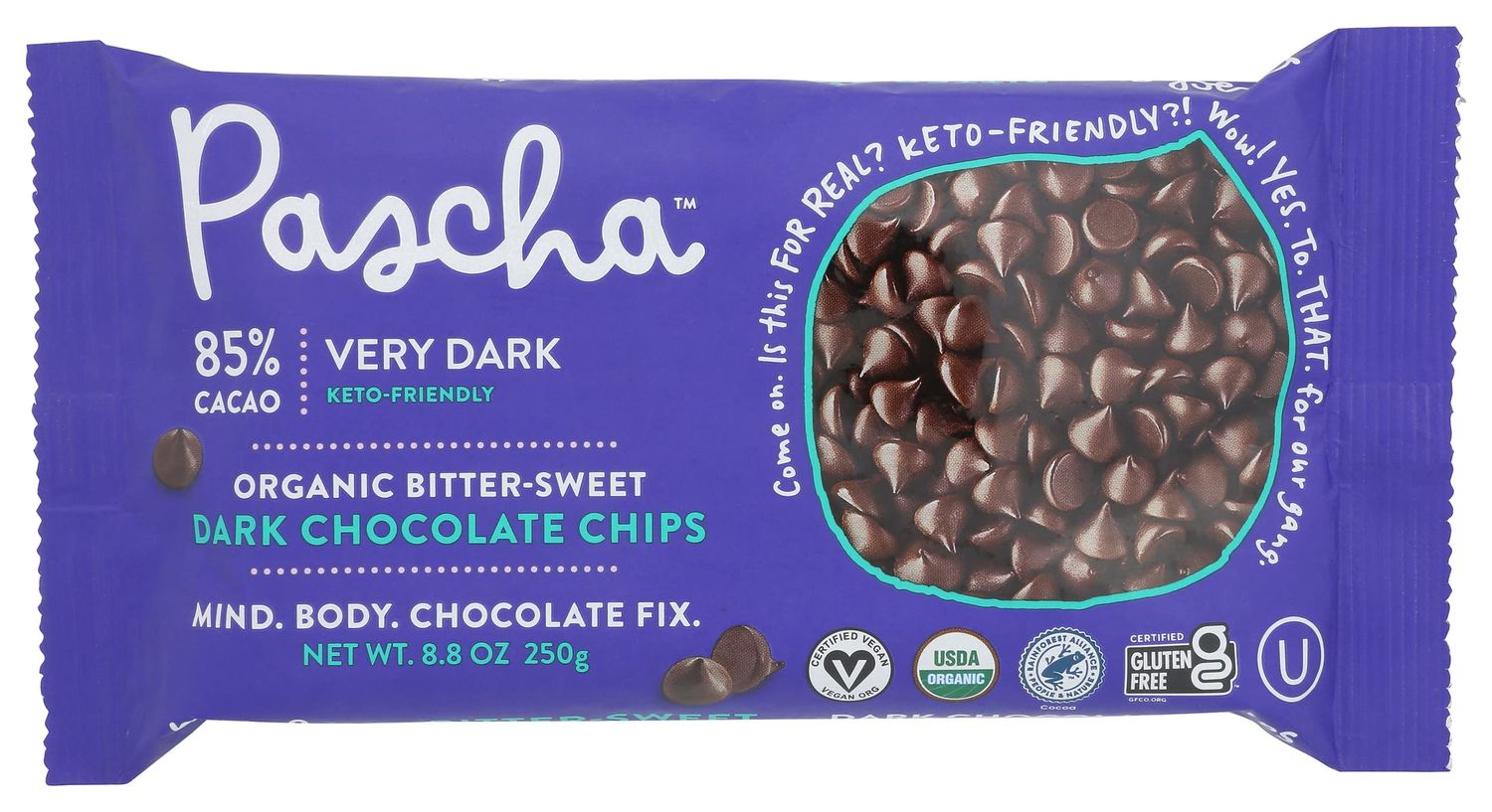 Pascha Organic Bitter Sweet Chocolate Baking Chips 85% Cacao, UTZ, Gluten Free, Non GMO, 8.8 Ounce (Pack of 6)
