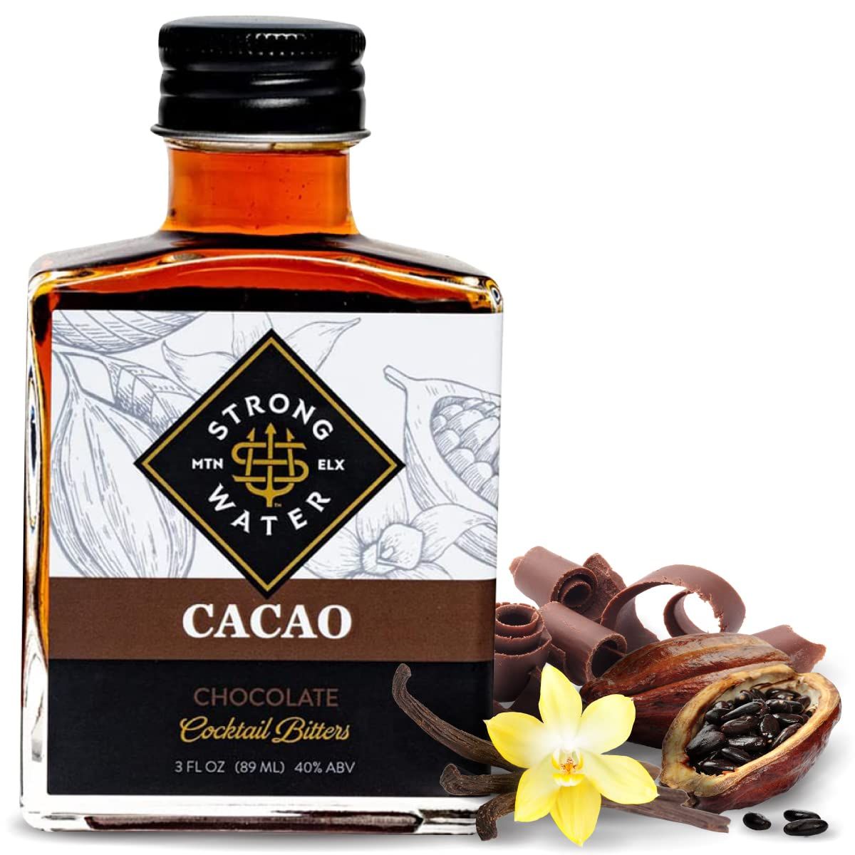 Strongwater Cacao Bitters (40 Servings) - Chocolate Bitters for Cocktails, Made with Roasted Cacao Nibs, Cherry Bark, Vanilla, &amp; Almond - Pair with Bourbon, Vodka, Champagne, Coffee - 3oz, 1 Pack