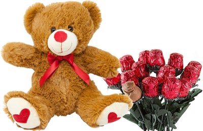 Valentines Day Gift Basket | Teddy Bear Plush 12 Inches (Color may Vary) & A dozen Belgian Milk Chocolate Rose Bouquet | For Her Wife Girlfriend Mother Daughter
