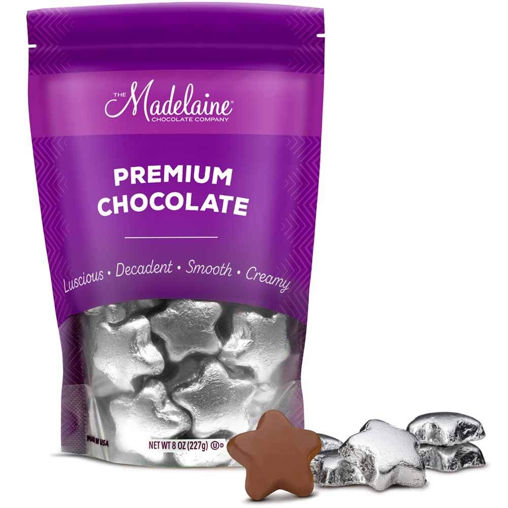 Madelaine Solid Premium Milk Chocolate Stars, Wrapped In Italian Foil (Silver, 1/2 LB)