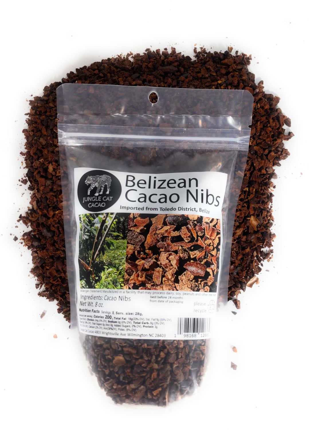 Jungle Cat Cacao Belizean Cacao Nibs | Superfood | Strong Dark Chocolate Flavor | Antioxidants &amp; Favonoids | GMO-free Vegan | 100% Belizean Cacao Imported From Toledo District | 8oz