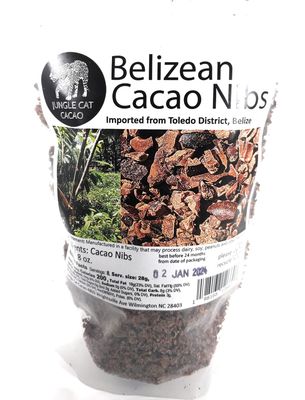 Jungle Cat Cacao Belizean Cacao Nibs | Superfood | Strong Dark Chocolate Flavor | Antioxidants &amp; Favonoids | GMO-free Vegan | 100% Belizean Cacao Imported From Toledo District | 8oz