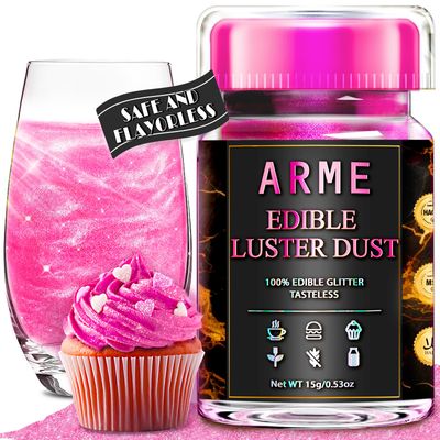 Arme Pink Edible Glitter,100% Food Grade Luster Dust Edible Glitter for Drinks, Pink Edible Glitter for Cocktails, Drink Glitter Edible Dust, Chocolates, Cakes, Vegan/No Taste(0.53oz/15g,Barbie Pink)