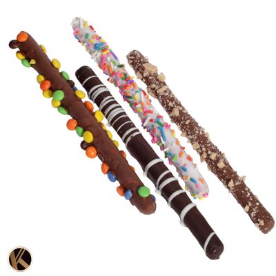 KREMERY Creamy Chocolate Cravings - Valentines Chocolate Covered Pretzel Rods Gift Basket in Clear Tube (8 Count) Birthday Sweet Treats - Assorted Candy Toppings - Kosher Dairy
