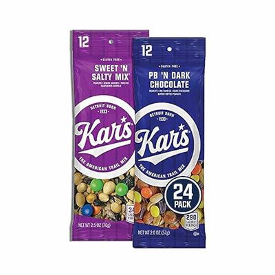 Kar&#39;s Nuts Variety Pack Trail Mix Snacks - Sweet &#39;N Salty Mix, Peanut Butter &#39;N Dark Chocolate 2 oz Single Serve Bags (Pack of 24)