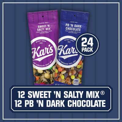 Kar's Nuts Variety Pack Trail Mix Snacks - Sweet 'N Salty Mix, Peanut Butter 'N Dark Chocolate 2 oz Single Serve Bags (Pack of 24)