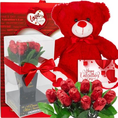 Valentine&#39;s Day Gift Basket | Teddy Bear Plush 11 Inches, Dozen Belgian Milk Chocolate Flower Roses Bouquet, Gift Bag &amp; Card | For Her Wife Girlfriend Mother Daughter (Love)