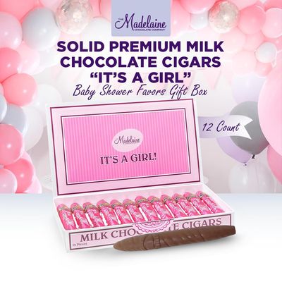 Madelaine Solid Premium Milk Chocolate Cig It's a Girl Baby Shower Favors Gift Box - Made with Cocoa Bean & Swiss-Formulated Chocolate - 12 Count Individually Wrapped in an Elegant Hard Box