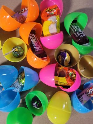Easter egg hunt filled eggs mix Chocolate candy 12 Count includes)-Reeses-kltkat-Cadbury-Hershey