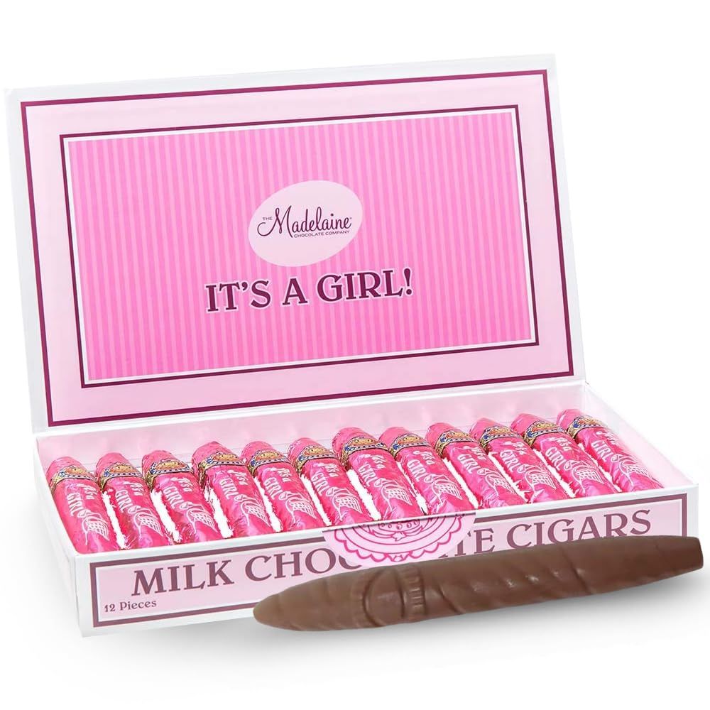 Madelaine Solid Premium Milk Chocolate Cig It's a Girl Baby Shower Favors Gift Box - Made with Cocoa Bean &amp; Swiss-Formulated Chocolate - 12 Count Individually Wrapped in an Elegant Hard Box