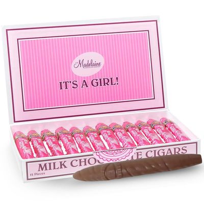 Madelaine Solid Premium Milk Chocolate Cig It's a Girl Baby Shower Favors Gift Box - Made with Cocoa Bean &amp; Swiss-Formulated Chocolate - 12 Count Individually Wrapped in an Elegant Hard Box