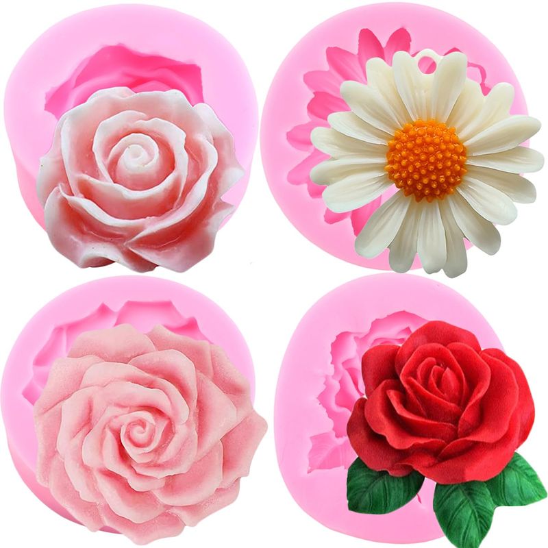 LKDQUTHM Rose Flower Fondant Silicone Molds Chrysanthemum Flower Silicone Mold For Cake Decorating Cupcake Topper Chocolate Candy Gum Paste Polymer Clay Set Of 4