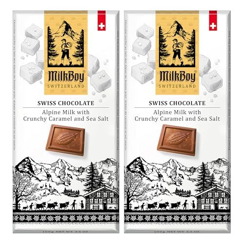 Milkboy Swiss Milk Chocolates - Alpine Milk Chocolate Bars with Crunchy Caramel Sea Salt - Gluten-Free Non-GMO All Natural - Made in Switzerland - 3.5 oz, 2 Pack
