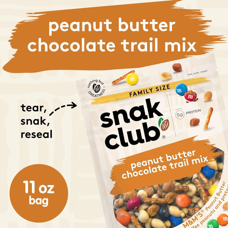 Snak Club Peanut Butter Chocolate Trail Mix with Peanuts, Peanut Butter M&amp;MS, Toffee Peanuts, and Pretzels, 11 oz Resealable Bag
