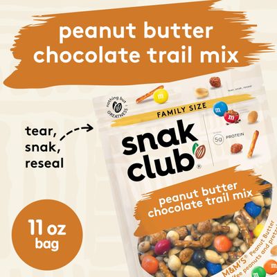Snak Club Peanut Butter Chocolate Trail Mix with Peanuts, Peanut Butter M&amp;MS, Toffee Peanuts, and Pretzels, 11 oz Resealable Bag