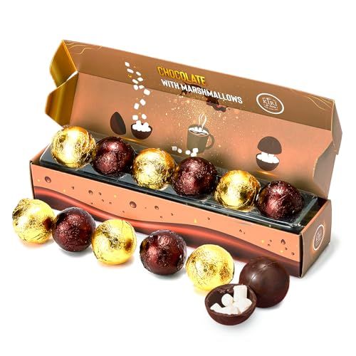 Hot Chocolate Boms Marshmallow Balls - Set of 6 - Delicious Cocoa Melts Bom Filled Marshmallows - 2 Flavors Caramel &amp; Fudge Brownie Candy - Classic Milk Chocolates Cocoa Melt Gift - Delicious Gifts