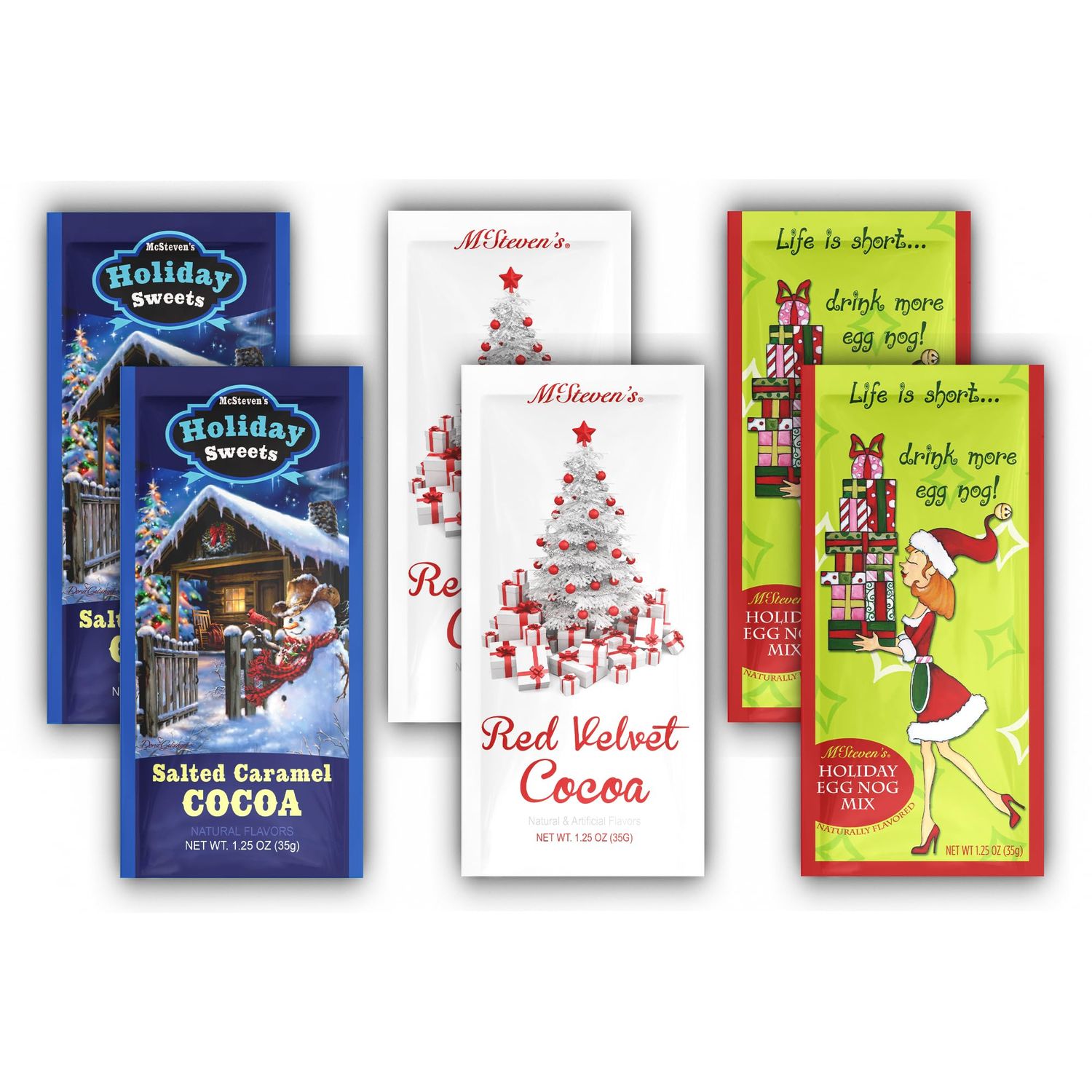 Christmas Hot Cocoa Hot Chocolate Gift Set of SIX (6) Single Serve Packets - Gourmet Gift or Stocking Stuffer (Red Velvet, Egg Nog, and Salted Caramel)