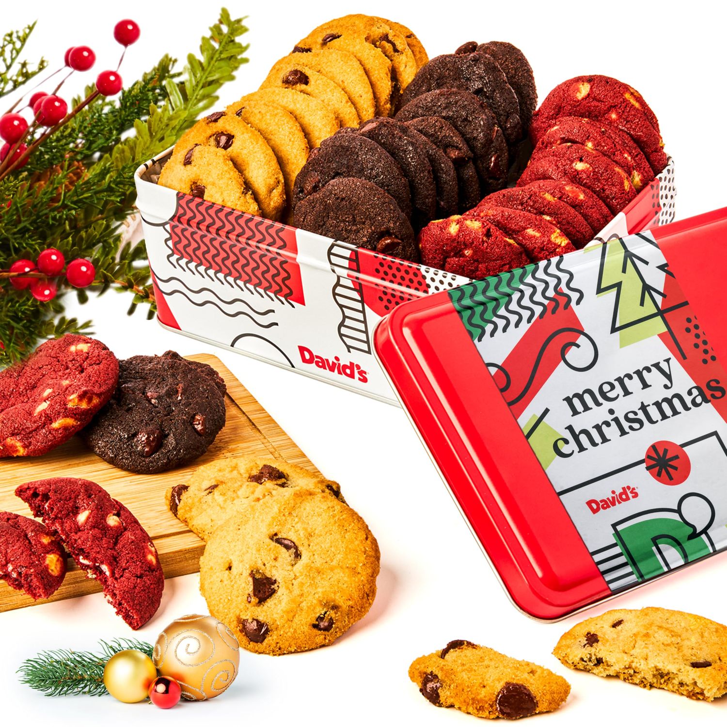 David&#39;s Cookies Merry Christmas Mini Cookies in Sweet Sampler Tin - Assorted Mini Christmas Cookies with Chocolate &amp; White Chocolate Chip and Red Velvet - Gourmet Cookie Gift Basket for Holidays 14oz