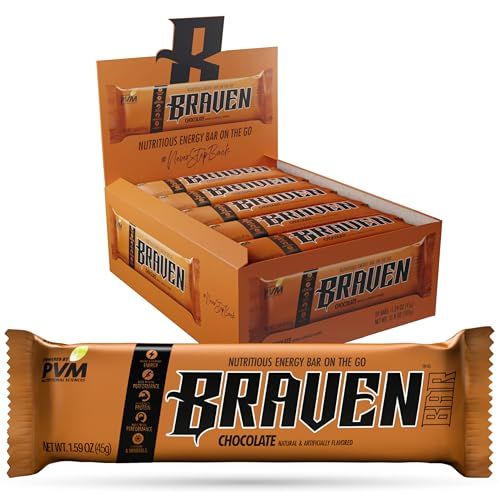 BRAVEN Bars Chocolate, Delicious Taffy-Like Energy Bar, Sustained Energy Boost, Quality Protein &amp; Balanced Nutrition for On-the-Go. Gluten Free. (1.59 oz, Pack of 20)