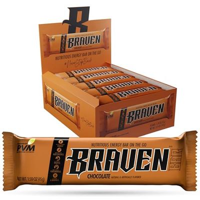 BRAVEN Bars Chocolate, Delicious Taffy-Like Energy Bar, Sustained Energy Boost, Quality Protein &amp; Balanced Nutrition for On-the-Go. Gluten Free. (1.59 oz, Pack of 20)