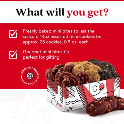 David's Cookies Fresh-Baked Sweet Sampler Mini Bites in Love Tin - 1.7 Lbs Assorted Mini Cookies with Chocolate Chip, Chocolate &amp; White Chocolate Chip &amp; Red Velvet - Delicious Gourmet Gift For All
