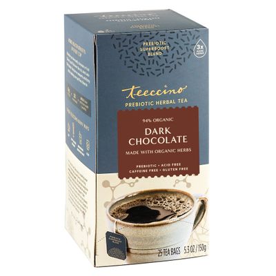 Teeccino Dark Chocolate Prebiotic SuperBoost Herbal Tea - Support Your Probiotics with Vegan GOS &amp; Organic XOS For Good Gut Health and Regularity, 25 Tea Bags