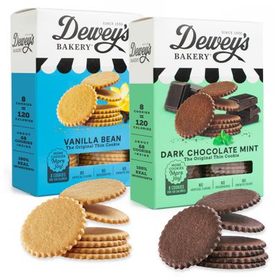 Dewey&#39;s Bakery Dark Chocolate Mint &amp; Vanilla Bean Moravian Style Thin Cookies Duo Pack | No Artificial Flavors, Synthetic Colors or Preservatives | Baked in Small Batches | 9oz (Pack of 2)