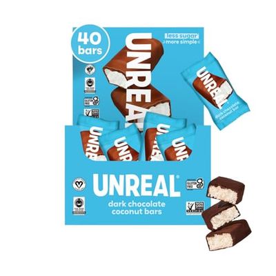 UNREAL Dark Chocolate Coconut Bars (40 Mini Bars) | Vegan, 3g Sugar, &amp; 3 Simple Ingredients | Non-GMO, Gluten Free, &amp; Fair Trade | .53oz each
