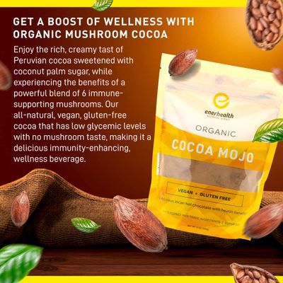 Enerhealth Botanicals Cocoa Mojo - Certified Organic Hot Chocolate Peruvian Cocoa Mix, Sweetened with Low Glycemic Coconut Palm Sugar and Infused with 6 Mushroom Extracts to Boost Immunity - 16 oz