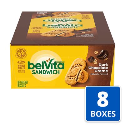 belVita Breakfast Sandwich Dark Chocolate Creme Breakfast Biscuits, 64 Total Packs, 8 Boxes (2 Sandwiches Per Pack)