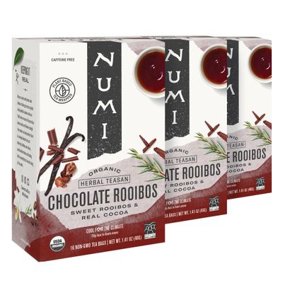 Numi Organic Chocolate Rooibos Tea, 16 Tea Bags (Pack of 3), Red Tea with Cocoa, Honeybush &amp; Vanilla (Packaging May Vary)