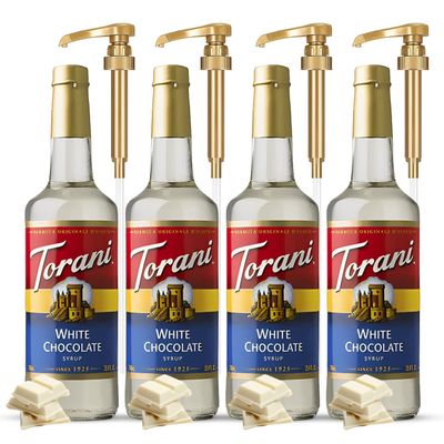White Chocolate Syrup for Coffee and Ice Cream &amp; Soda Flavoring-,25.4 Ounces (Pack of 4) with 4 Jimoco Pump Dispensers