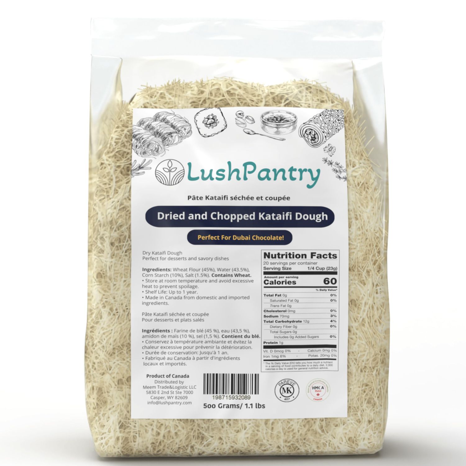 Lushpantry Kataifi Dough, Dried and Chopped for Dubai Chocolate, Kunafa &amp; Baklava, Kataifi Shredded Fillo Dough 500 gr/ 1.1 lb