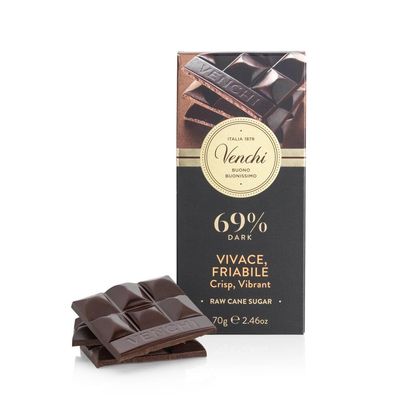 Venchi - Crunchy 69% Dark Chocolate Bar, 2.46 oz - With Crunchy Raw Cane Sugar from the Caribbean - Gluten Free - Vegan