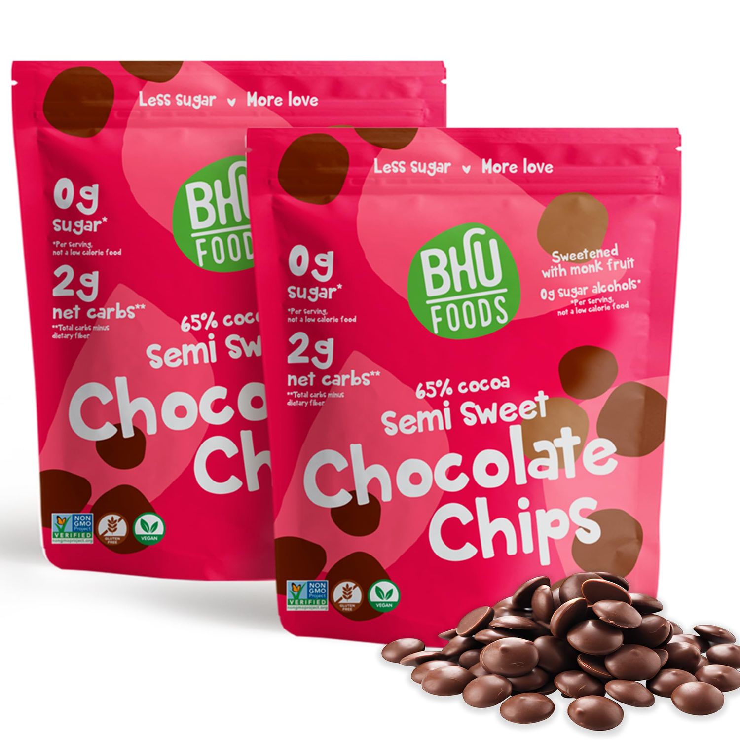 Bhu Foods Keto Chocolate Chips | Sugar Free Chocolate Chips for Baking | Vegan, Gluten Free, Low Carb, Clean Ingredients (Pack of 2)