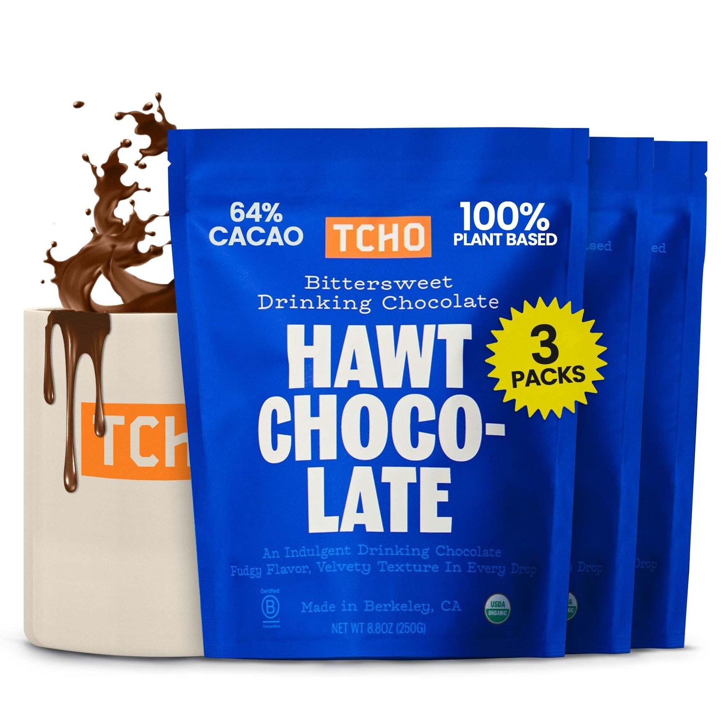 TCHO Hawt Chocolate Drinking Chocolate (3 Pack) | 100% Plant Based, Vegan Friendly, Kosher, Non-GMO, Non-Dairy, No Artificial Sweeteners, Fair Trade Certified | 8.8oz each