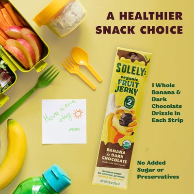 SOLELY - Organic Banana Chocolate Drizzled Fruit Jerky - 12 Individually Wrapped Fruit Strips - Fruit Leather Made from Dried Fruit - Healthy Snacks for Adults &amp; Kids - Vegan, Non GMO - 0.8oz (23g)