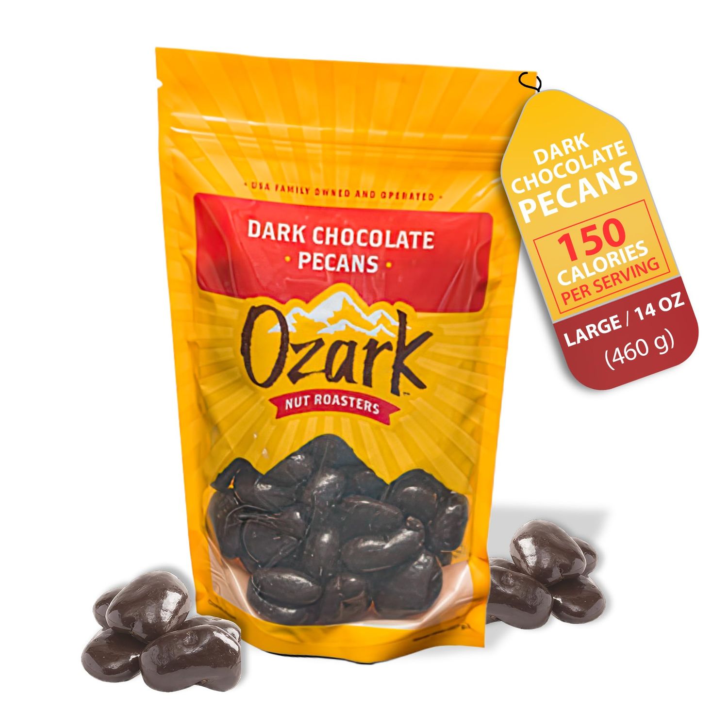 OZARK NUT ROASTERS, Dark Chocolate Pecans, Flavored Snack Nuts, Velvety Dark Chocolate, World-Class Gourmet Candied Peanuts, Resealable Pack (14.0 oz)