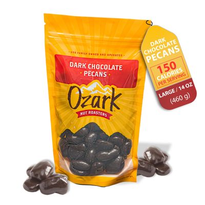 OZARK NUT ROASTERS, Dark Chocolate Pecans, Flavored Snack Nuts, Velvety Dark Chocolate, World-Class Gourmet Candied Peanuts, Resealable Pack (14.0 oz)