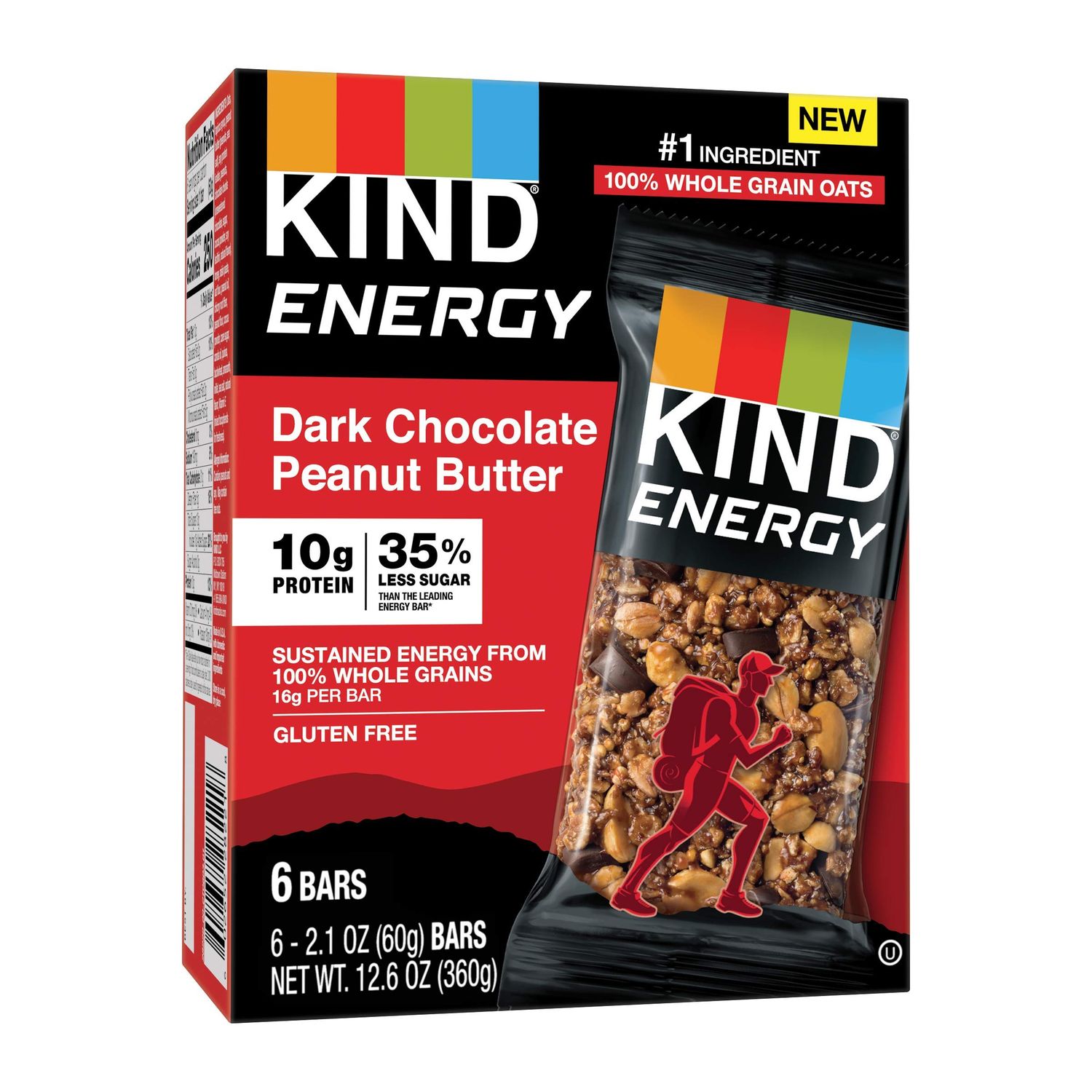 KIND Energy Bar, Dark Chocolate Peanut Butter, Gluten Free, Low Sugar, 1.76oz, 6 Count