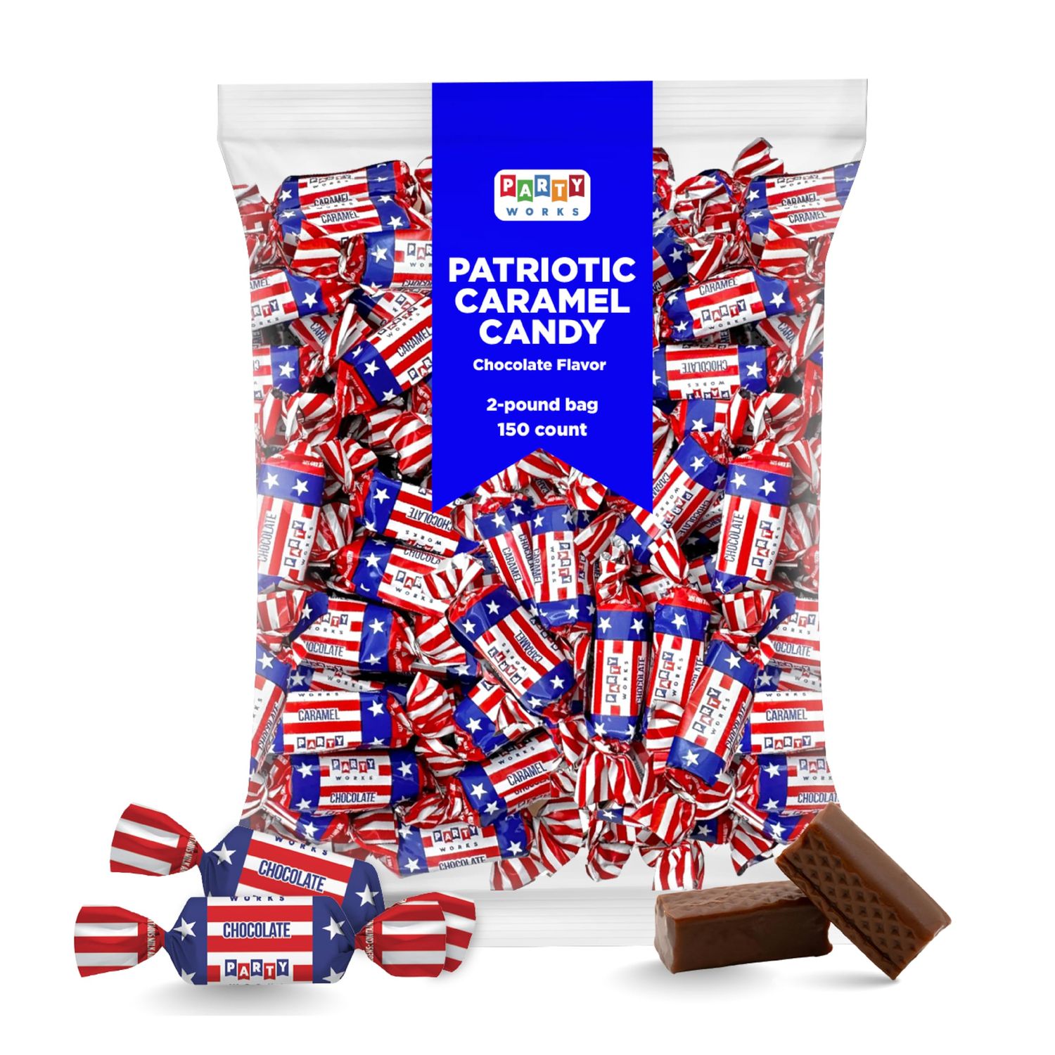 PartyWorks Patriotic Candy 2 Pounds - Independence Day Chocolate Flavored Caramels, July 4th Taffies - Bulk Pack (150 Count)