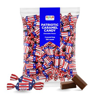 PartyWorks Patriotic Candy 2 Pounds - Independence Day Chocolate Flavored Caramels, July 4th Taffies - Bulk Pack (150 Count)