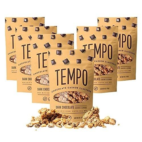 TEMPO GRANOLA Dark Chocolate Cashew Pecan Granola Clusters (6 Pack) Gluten Free Oats, High Protein, Low Sugar, Vegan, Dairy Free, Soy Free, Vitamin E, Prebiotics For Optimum Gut Health