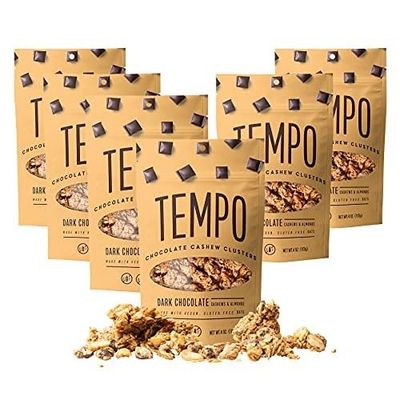 TEMPO GRANOLA Dark Chocolate Cashew Pecan Granola Clusters (6 Pack) Gluten Free Oats, High Protein, Low Sugar, Vegan, Dairy Free, Soy Free, Vitamin E, Prebiotics For Optimum Gut Health